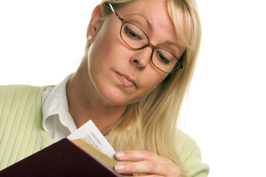 Attractive Woman Reading Isolated on a White Background.