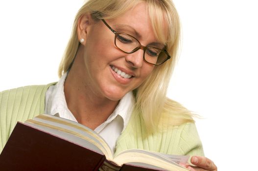 Attractive Woman Reading Isolated on a White Background.