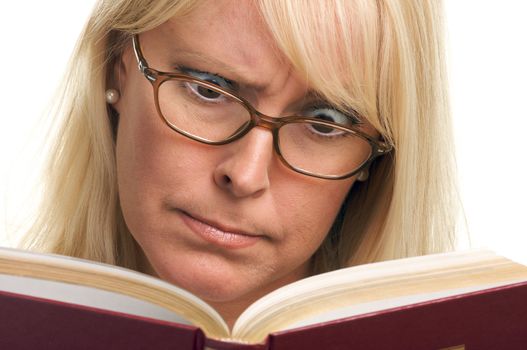 Attractive Woman Taken Back While Reading isolated on a White Background.