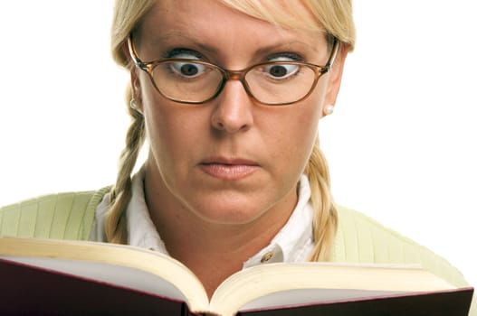 Stunned Female with Ponytails and Book isolated on a White Background.