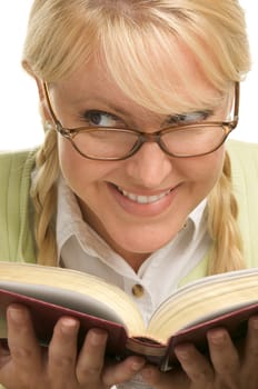 Female With Ponytails Reads Her Book isolated on a White Background.