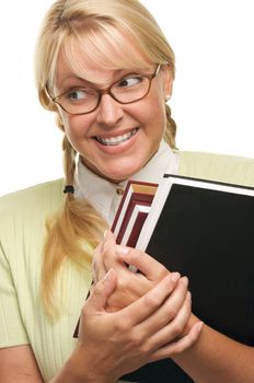 Cute Student with Retainer Carrying Her Books isolated on a White Background.