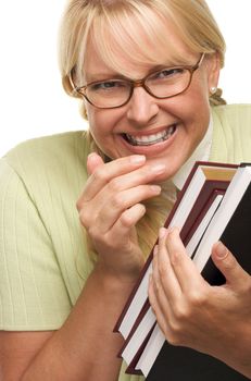 Cute Student with Retainer Carrying Her Books isolated on a White Background.