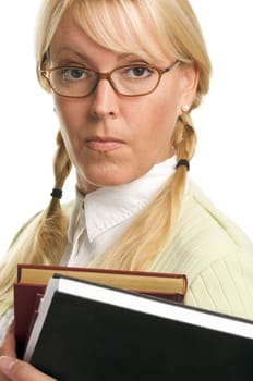 Serious Attractive Student Carrying Her Books Isolated on a White Background.