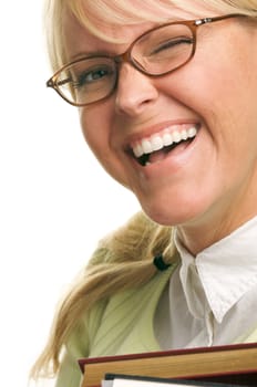 Flirtatious Attractive Student Carrying Her Books Isolated on a White Background.