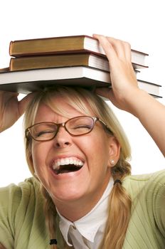 Attractive Woman with Her Books Isolated on a White Background.