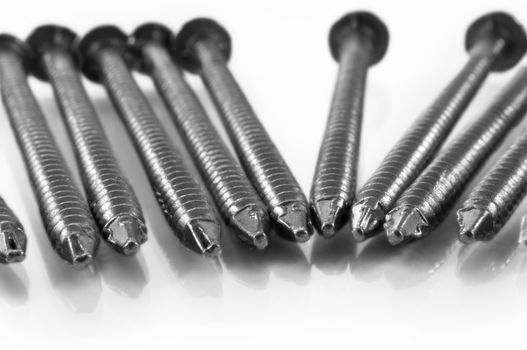 Close up of a group of steel nails arranged over white.