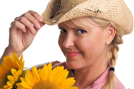 Attractive Blond with Cowboy Hat and Sunflower Isolated on a White Background.