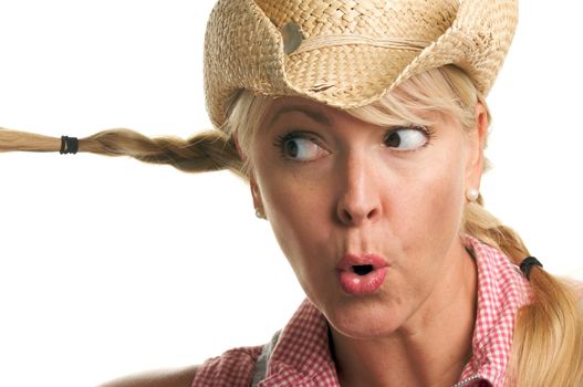 Attractive Blond with Cowboy Hat Isolated on a White Background.