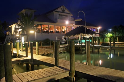 Restaurant at night with docks, night scene.