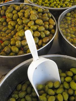 olives in a street market in Barcelona, Spain