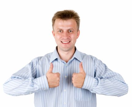 smiling young man with thumbs up on a white background