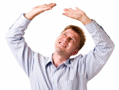 Pressure from above. The young man on a white background