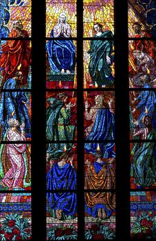 Detail of the color window - bullseye pane - lattice window.
Public national monument - cathedral of St Vitus, Prague, Czech republic, Europe.