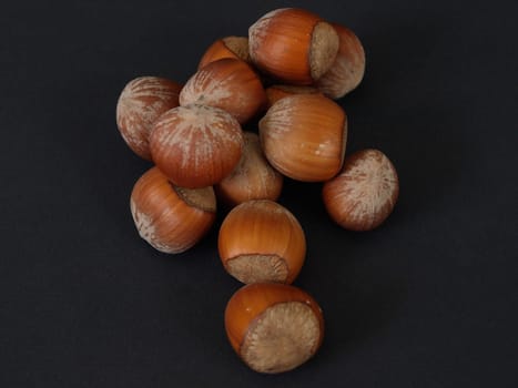 A group of 13 hazelnuts isolated against a black background.