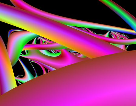 Abstract fractal image of pink tubes racing off into chaos and color.