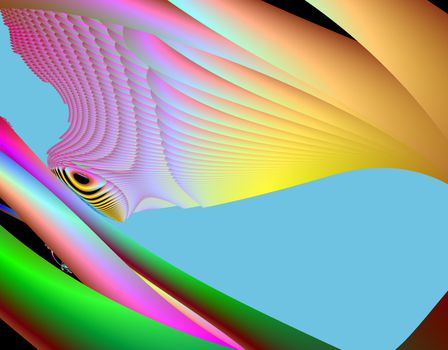 An abstract fractal image portraying a predatory eye on a feathered object.