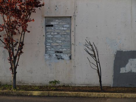 A bricked up window in an old deteriorated building