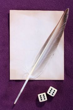 The bird is feather on an ancient paper and playing bones.