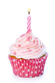Pink birthday cupcake isolated on white