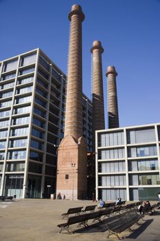 Three chimneys in Barcelona, Catalonia, Spain