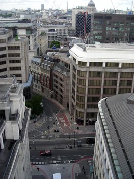 View of the junction of Arthur street and King William street from The Monument, London, UK.