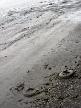 Contamination on the Thames bank opposite to the University of Greenwich, London, UK.