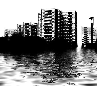 Illustrated City flood under water reflecting global warming