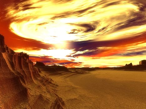3d rendered image. Fantasy landscape of a dehydrated world in due of global warming.