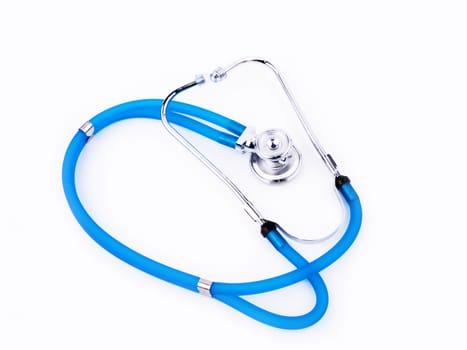 Blue stethoscope on white background.