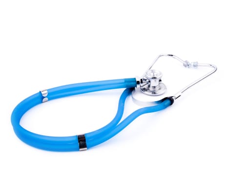 Blue stethoscope on white background.