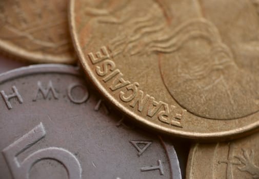 set of modern french coin of gold color, macro