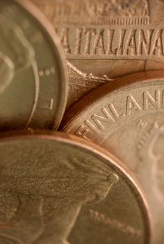 set of modern europian coins of gold color, macro