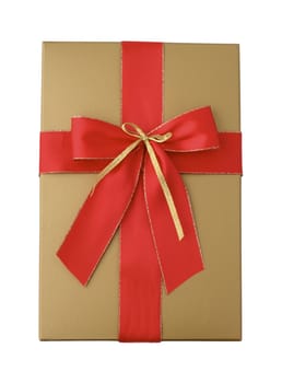 Gift package in gold with a red ribbon isolated on white