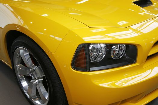 Close-up of a new modern muscle car