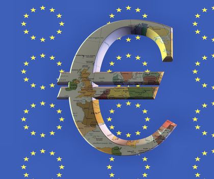 3d symbol of euro textured in european map