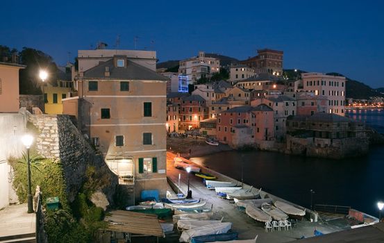 Beautiful night cityscape in Genova,Italy,  with the ancient borgo called Boccadasse