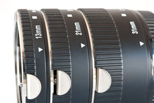 set of extension tube used for macro photography isolated on white background