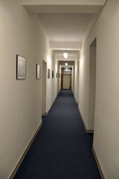 Hotel corridor with blue carpet and pictures
