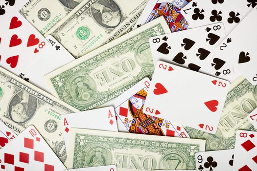 Background of money and playing cards about gambling