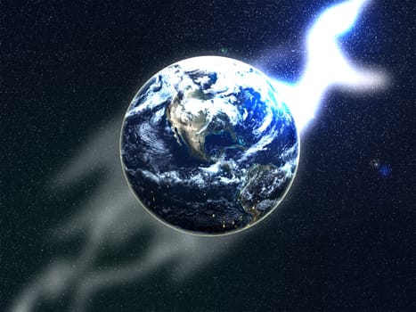 An image of the earth in space, with and added wispy effect.