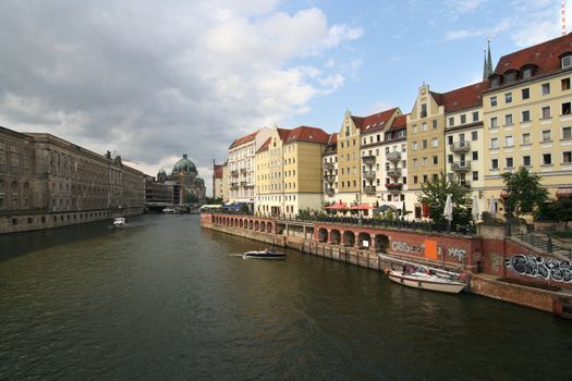 Berlin. Spree river and Nikolaiviertel, with Berliner Dom in the background