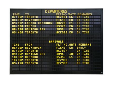 Airport board showing departures and arrivals to various cities isolated on white