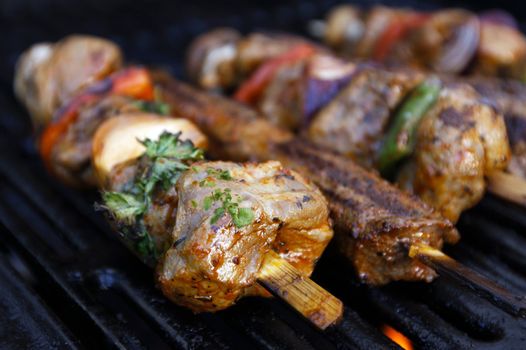 Barbecue sticks with variation of veggies and meat