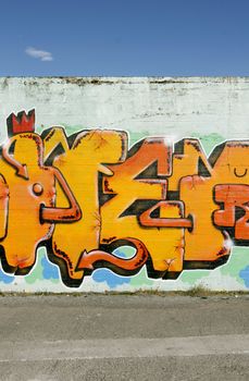 Inner city street scene with colorful graffiti