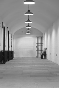 Very old (1854) prison cell block with gate leading up to Crown Court