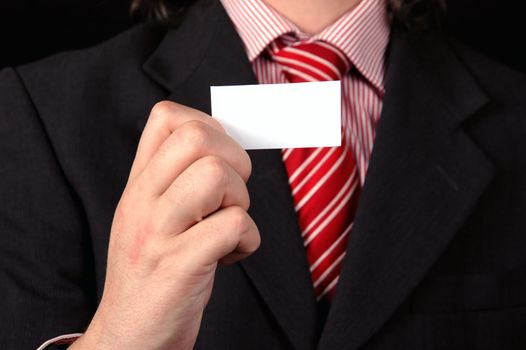 man with white card