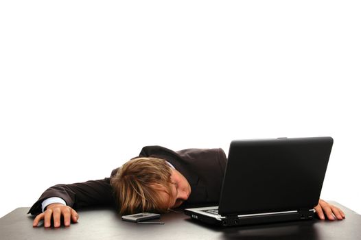 businessman sleeping on computer after hard work day