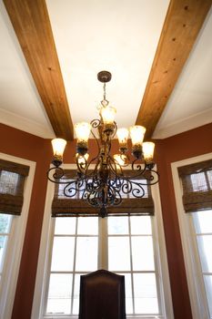 Perspective of dining room windows in affluent home.