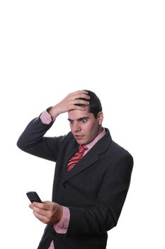 young businessman with and on head and looking to cell phone